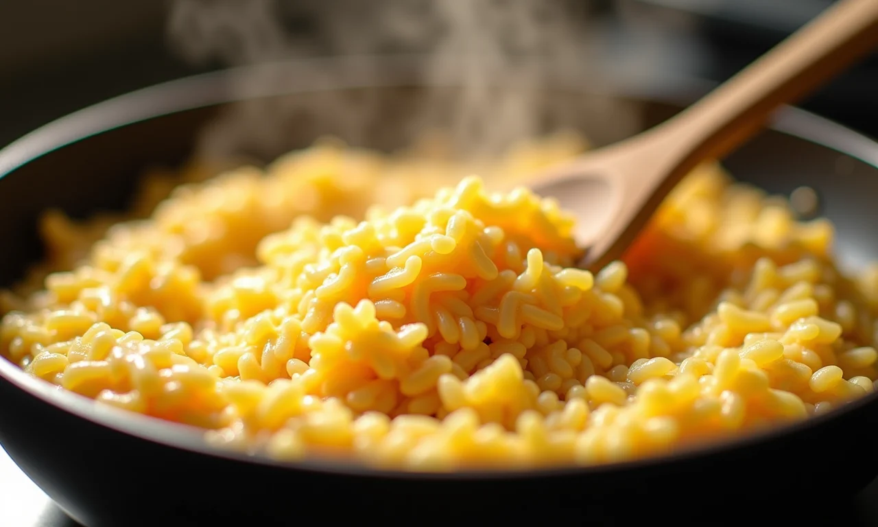 Arroz doce cozinhando na panela, ponto cremoso perfeito.
