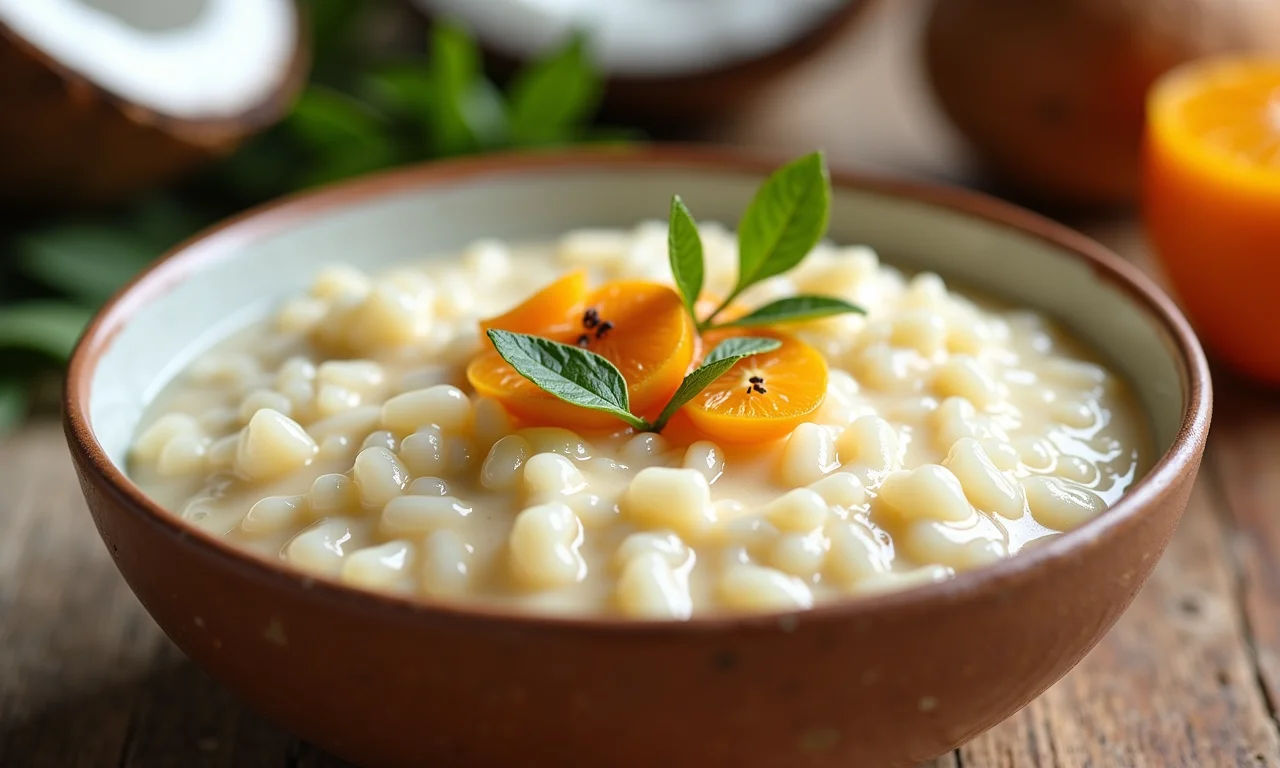 Arroz doce cremoso com leite de coco e cardamomo.