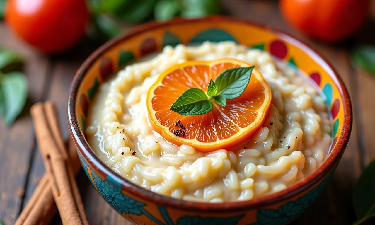 Arroz doce cremoso em tigela colorida com canela.