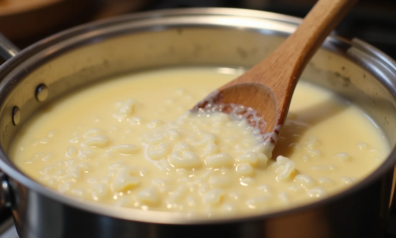 Arroz doce cremoso sendo mexido na panela.