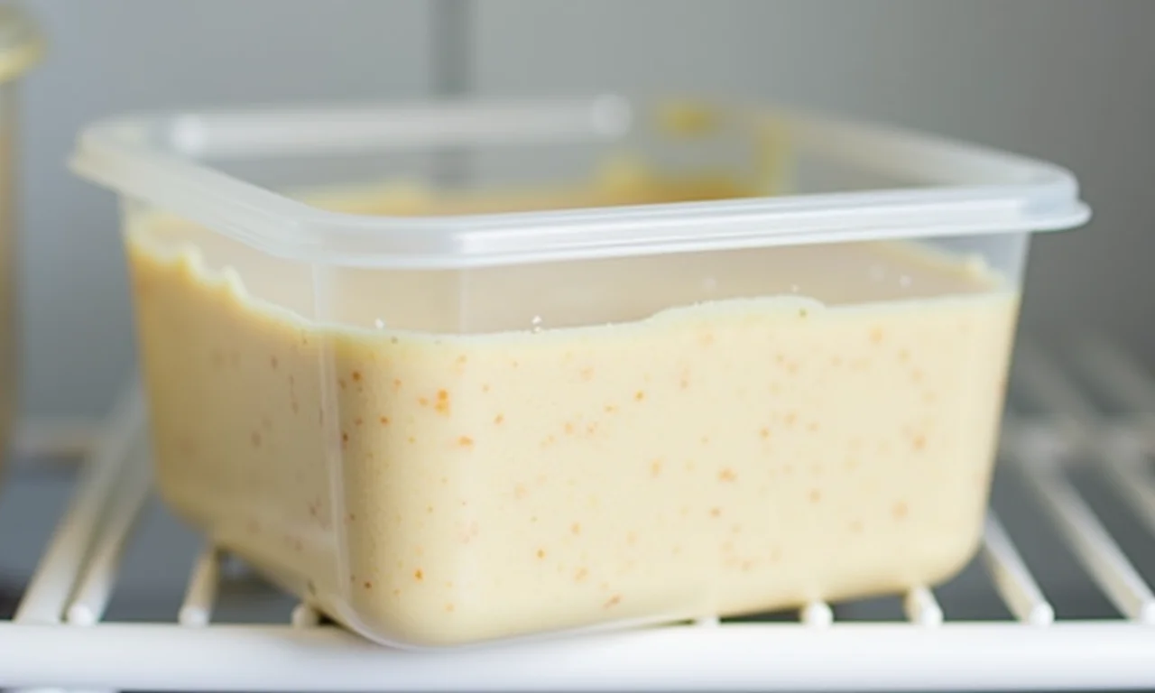 Arroz doce em recipiente congelável, pronto para congelar.