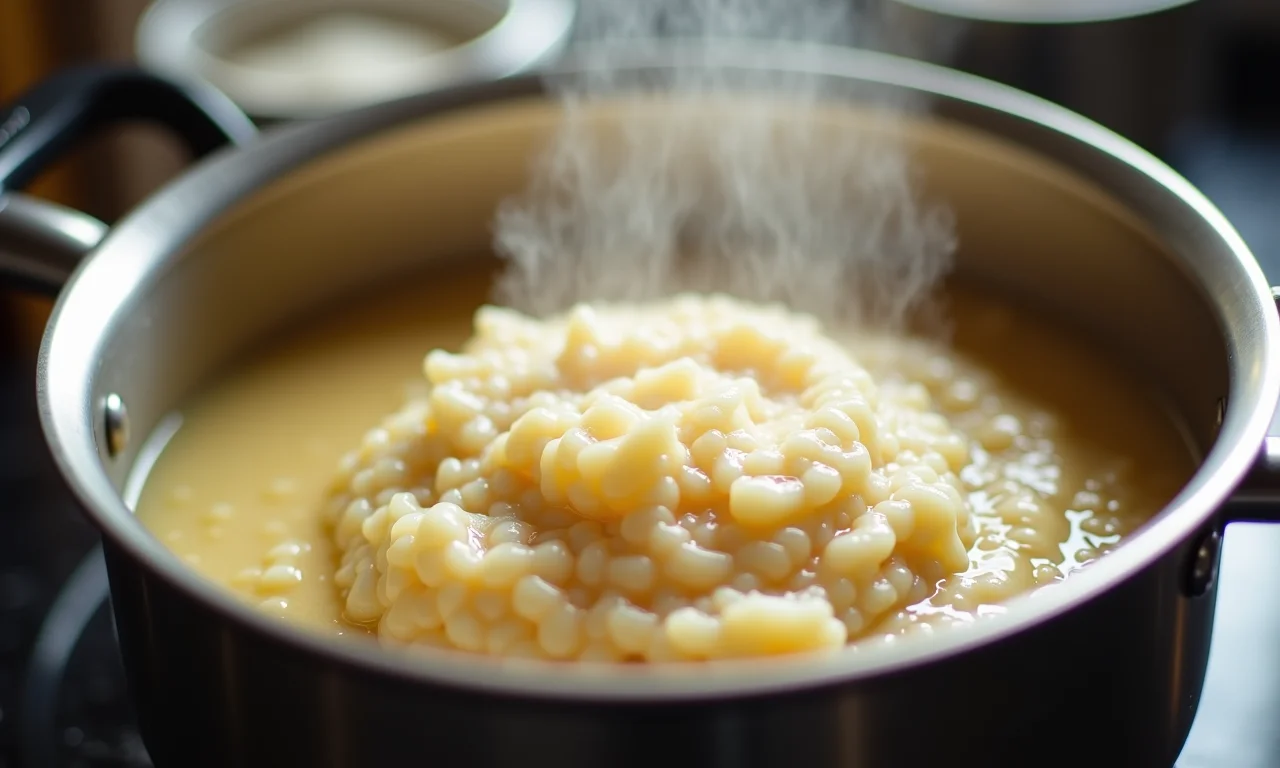 Arroz doce muito mole sendo cozido na panela.