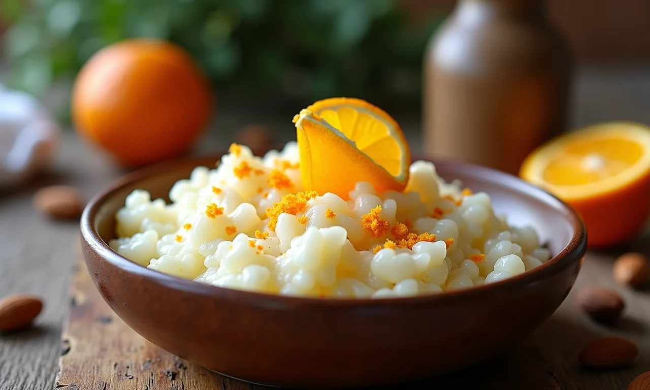 Arroz doce vegano com leite de amêndoas e laranja.