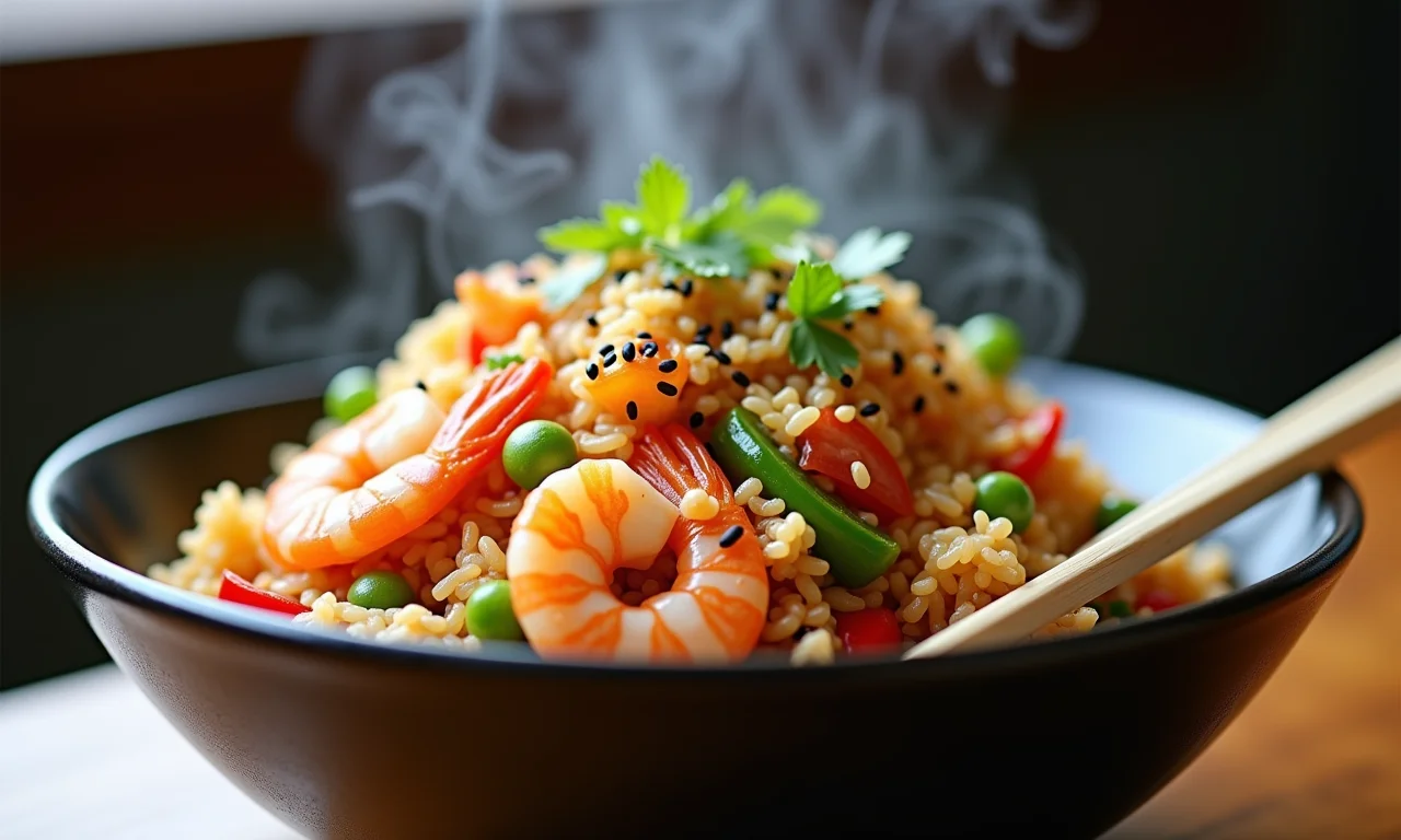 Arroz frito oriental com camarão, legumes e sementes de sésamo.