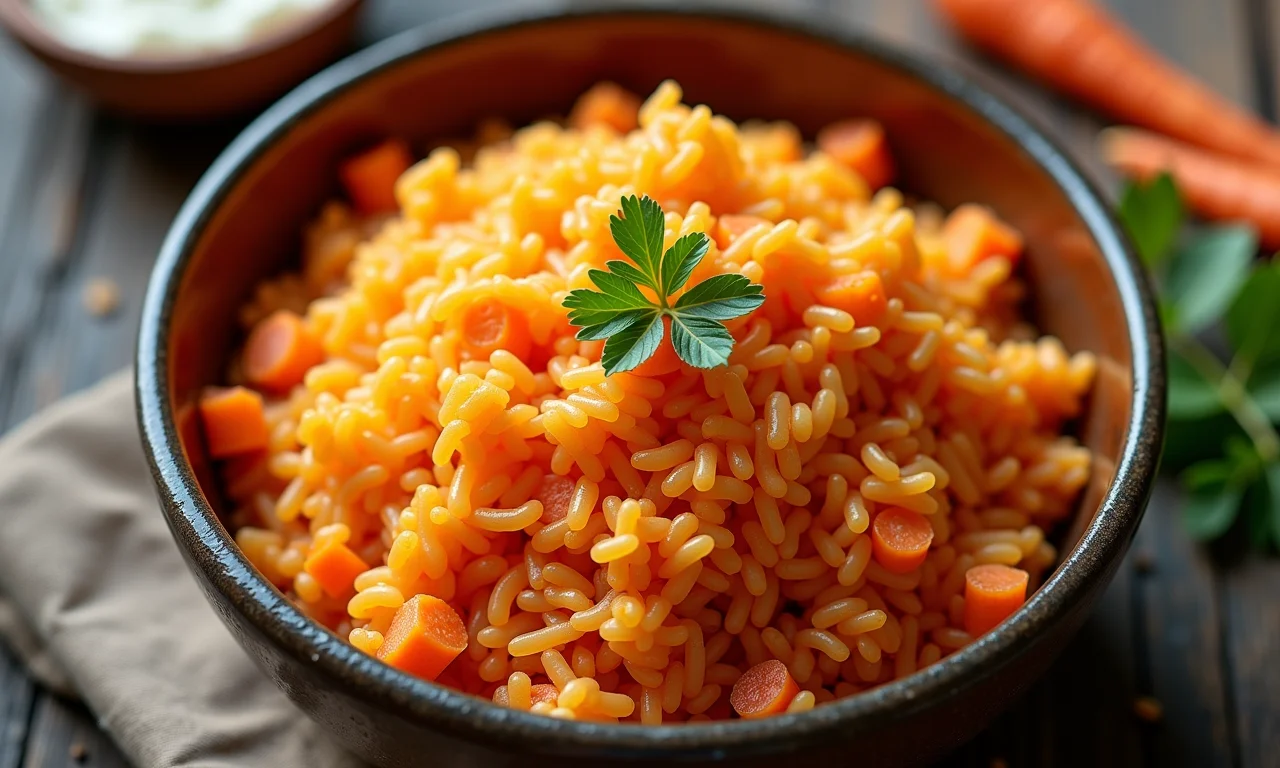 Arroz laranja com cenoura em tigela de cerâmica brasileira.