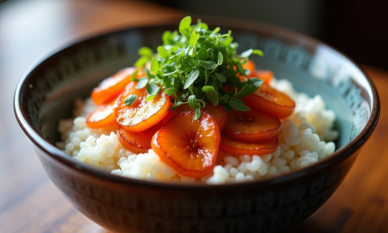Arroz temperado com umê (Umeboshi Gohan) em um bowl.