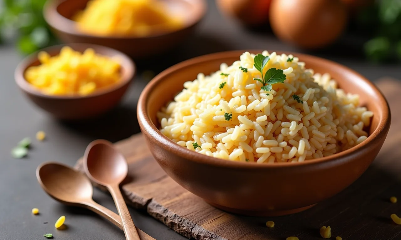 Arroz Tio João Parboilizado soltinho ao lado de uma porção de galinhada.