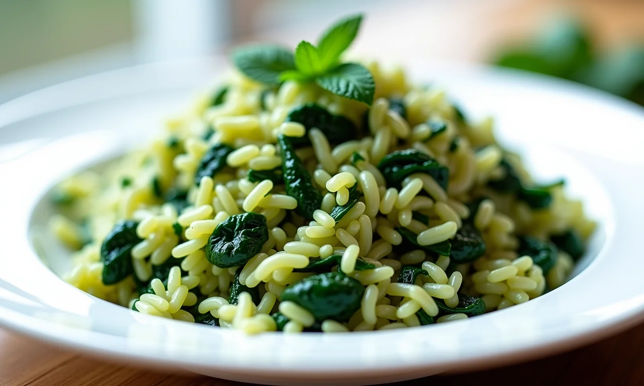 Arroz verde com espinafre em prato branco.