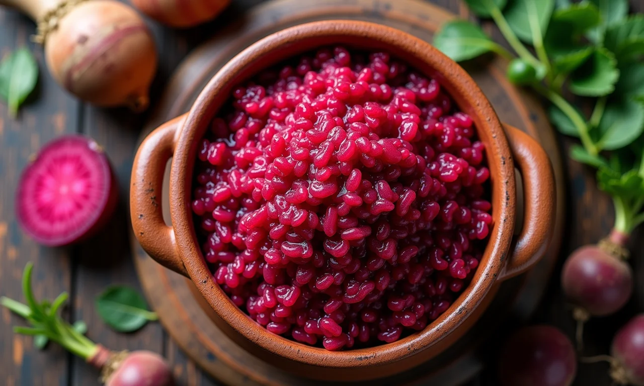 Arroz vermelho com beterraba servido em panela de barro.