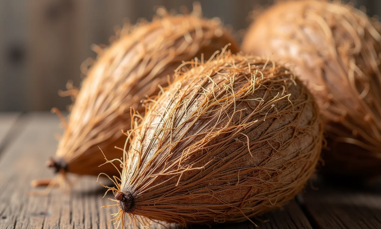 Arte em fibra de coco com textura rústica.