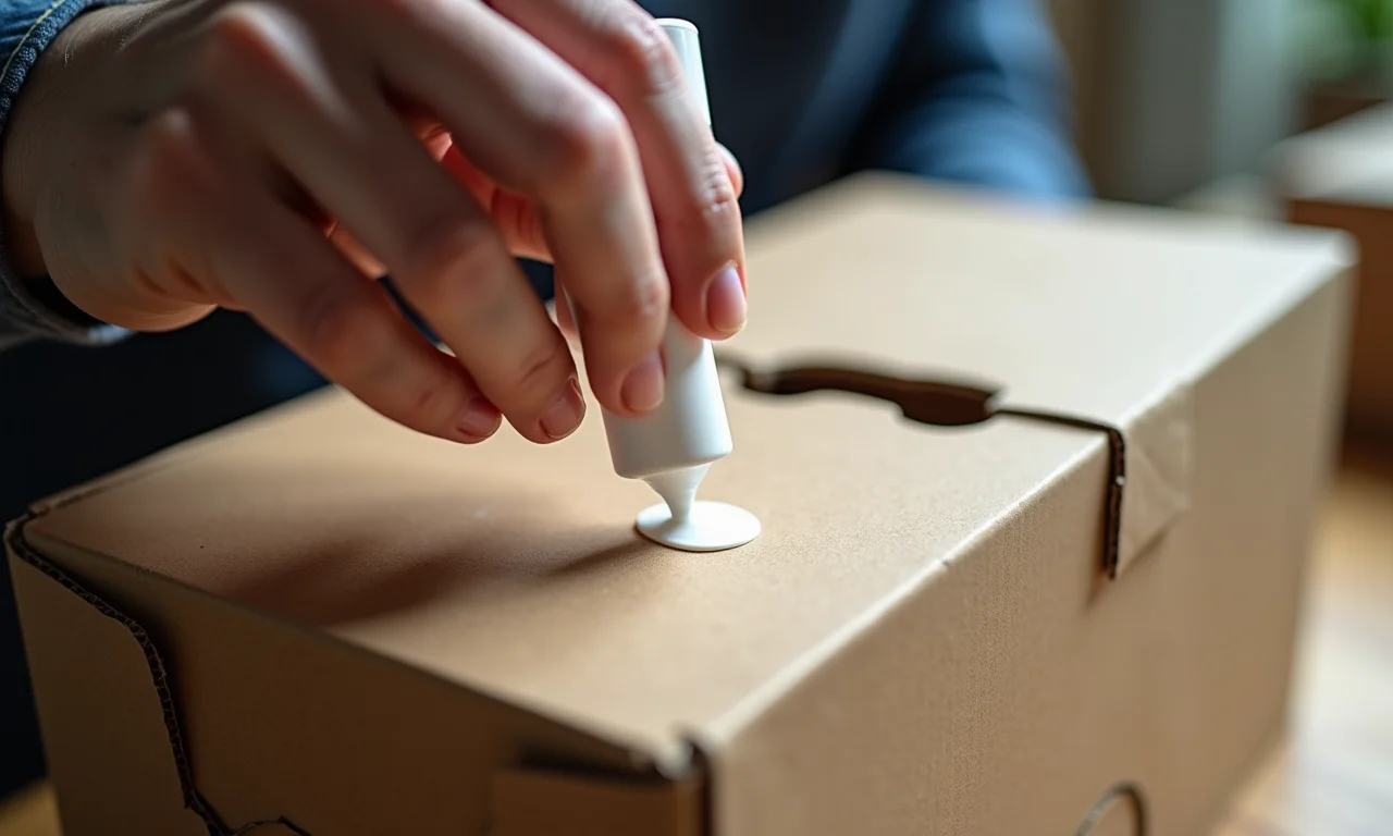 Artesã aplicando cola branca Cascorez Extra em caixa de papelão.