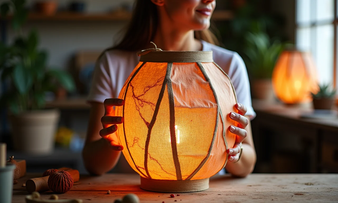 Artesã brasileira mostrando lanterna feita de tecido e materiais reciclados.