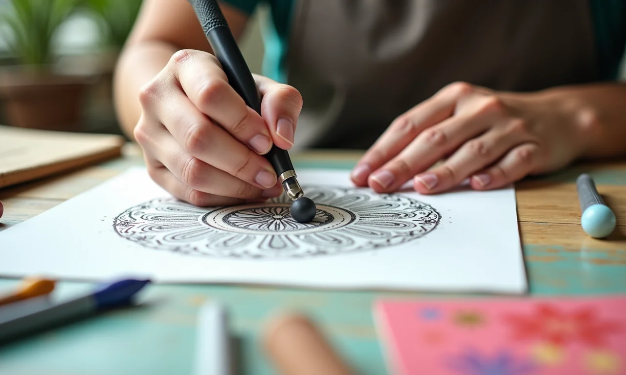 Artesã criando relevo em papel com boleadores, em um ambiente de trabalho alegre e colorido.