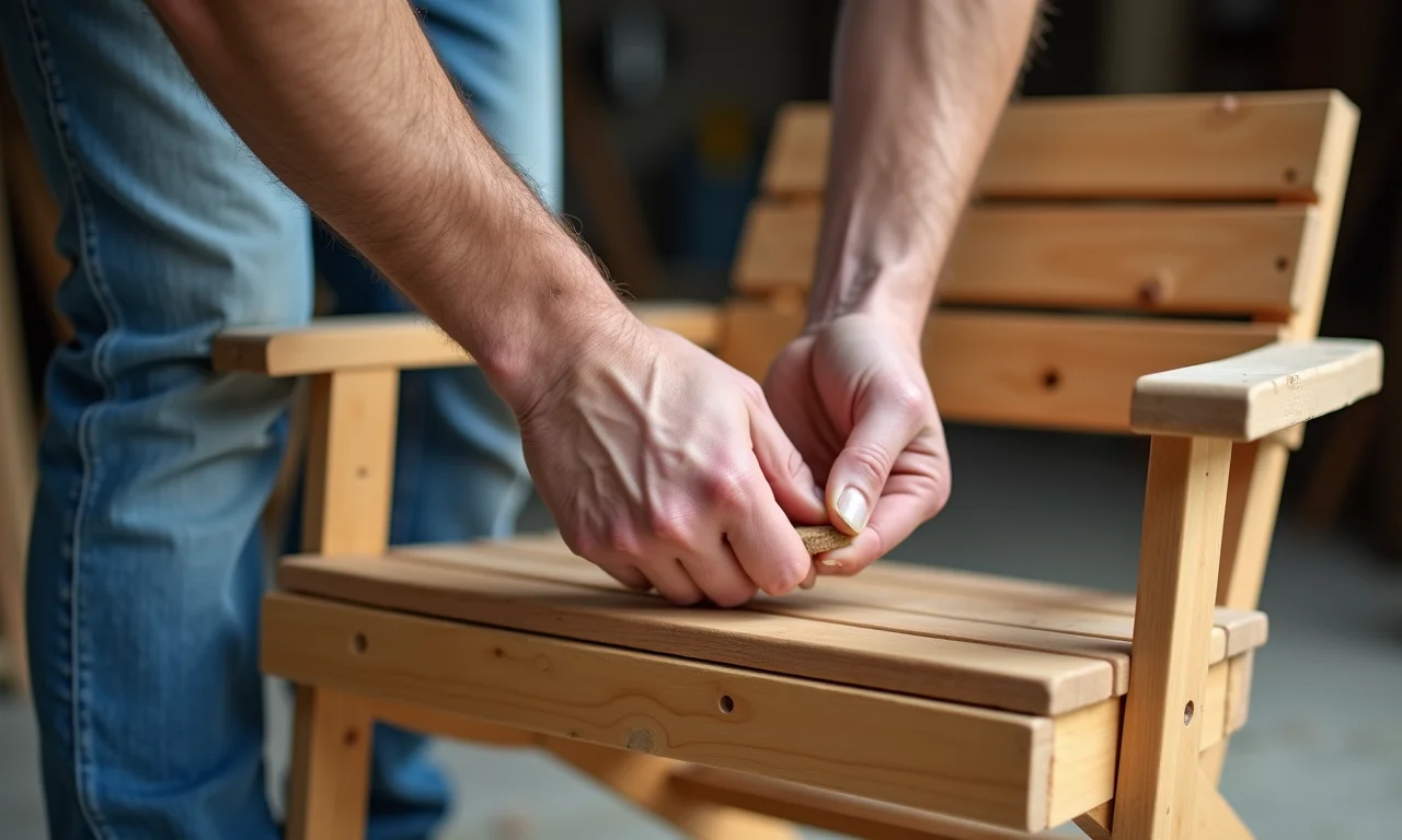 Artesão montando espreguiçadeira de madeira, close-up nas mãos.
