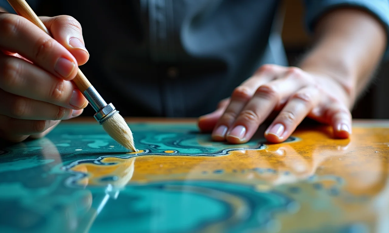 Artista aplicando resina com cuidado.