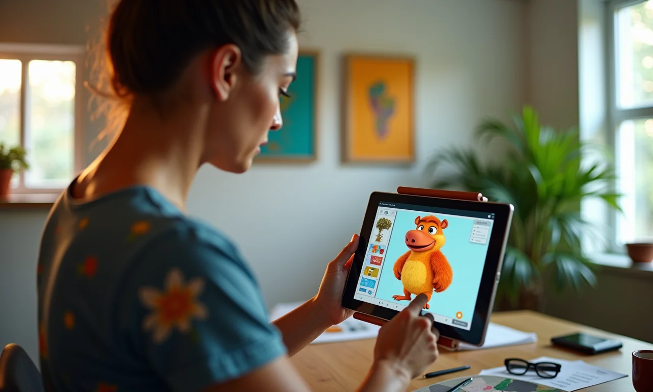 Artista definindo estilo visual de mascote digital em tablet.