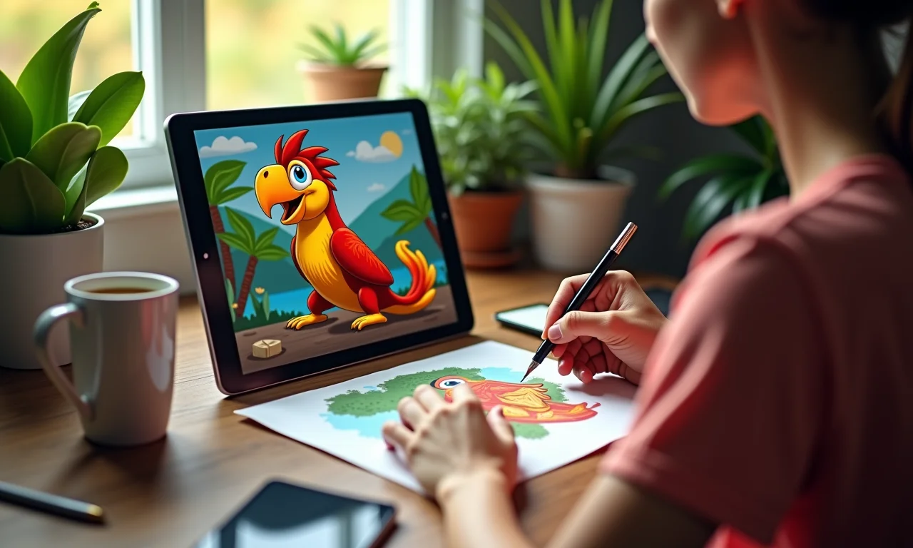 Artista digital refinando mascote no Procreate em iPad Pro.