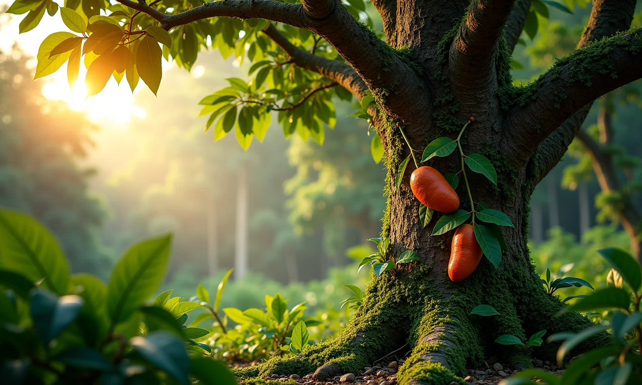 Árvore de bacupari na floresta amazônica, com frutos e vegetação exuberante.