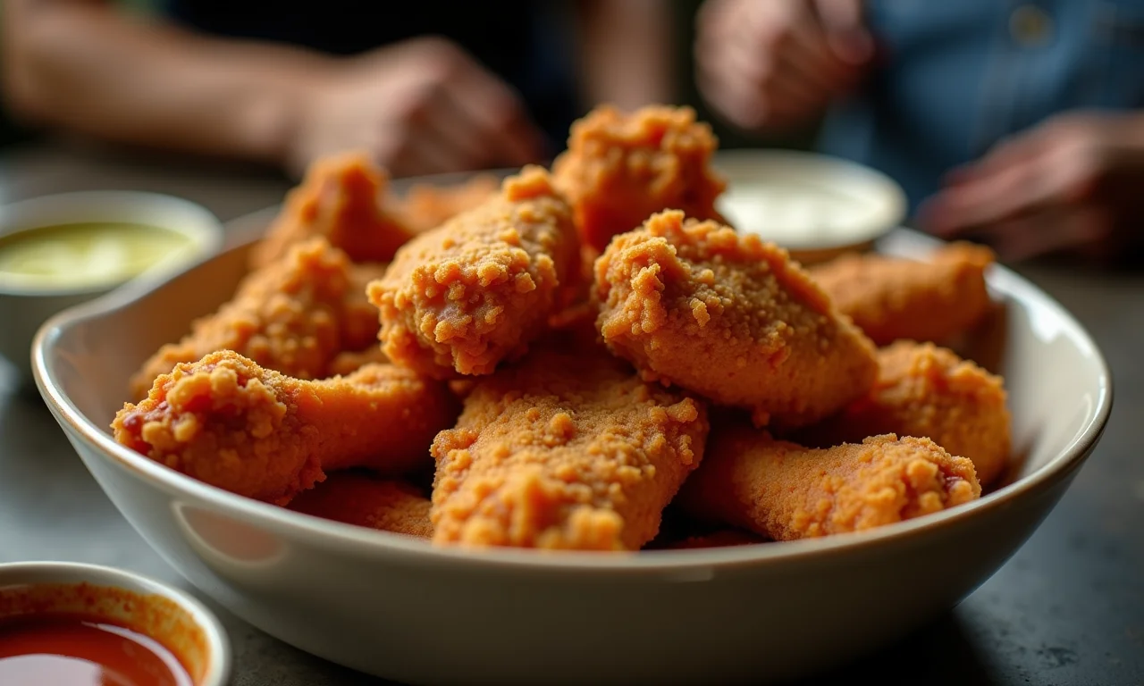 Asinhas de frango fritas servidas com molhos.