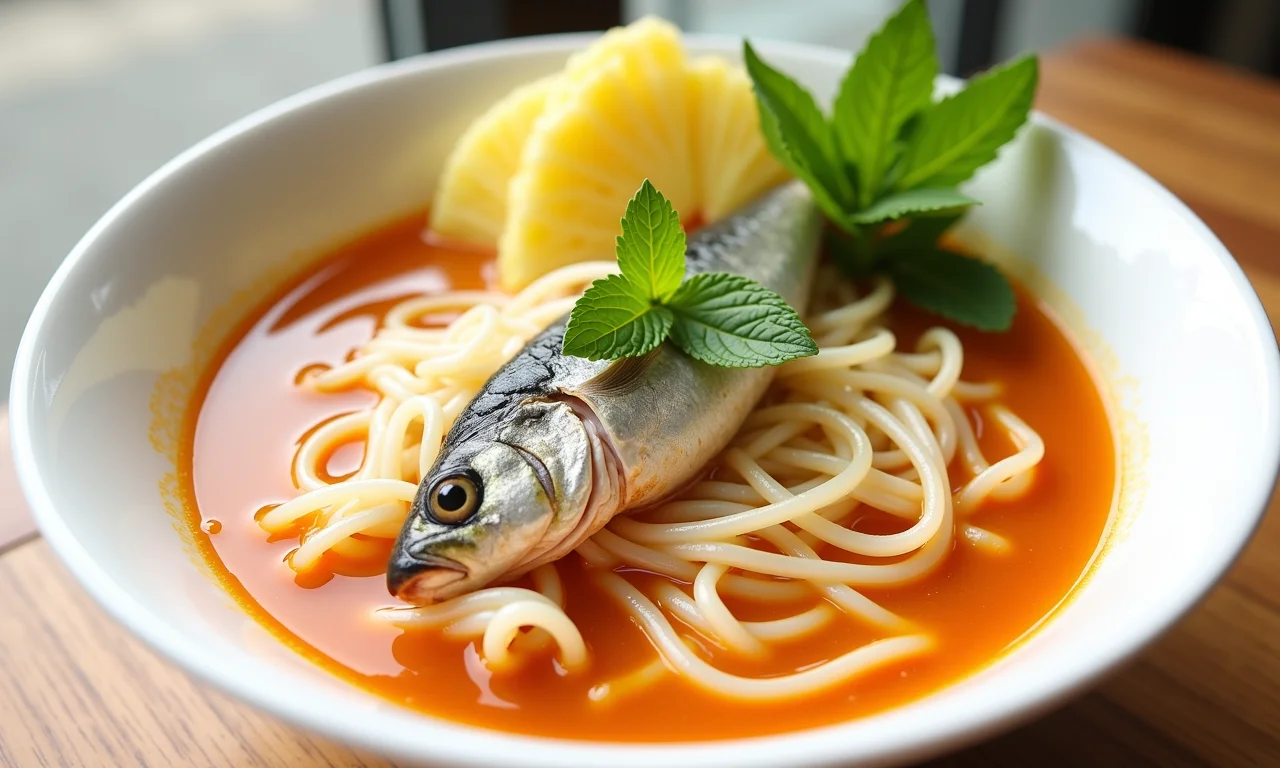 Assam Laksa refrescante com peixe e caldo de tamarindo, uma explosão de acidez.