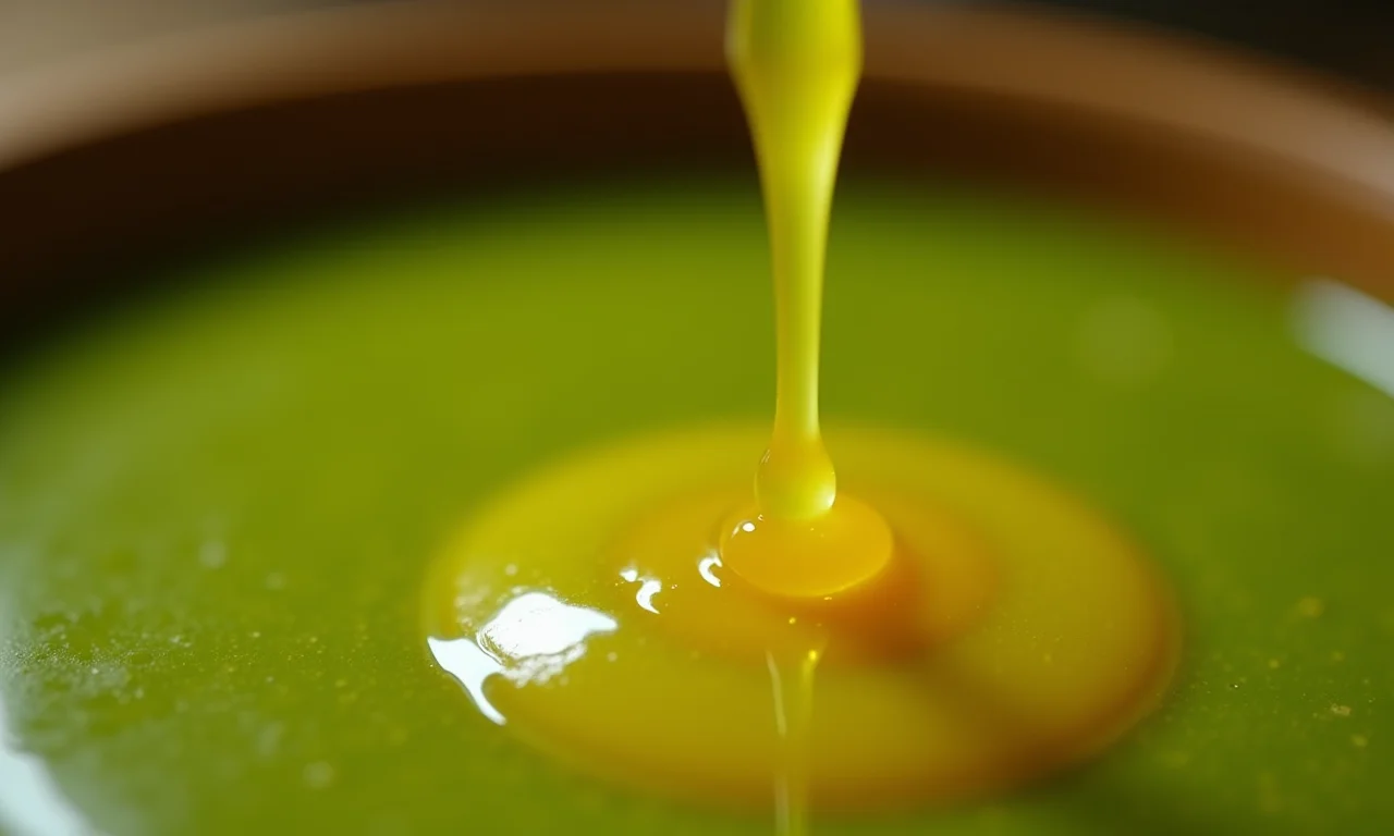 Azeite de dendê sendo derramado sobre vatapá, realçando sua cor vibrante.