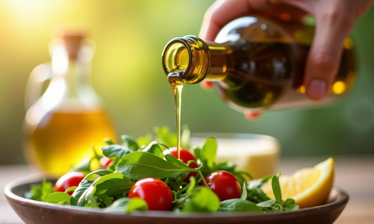 Azeite de Oliva Extra Virgem Andorinha sendo usado em uma salada.