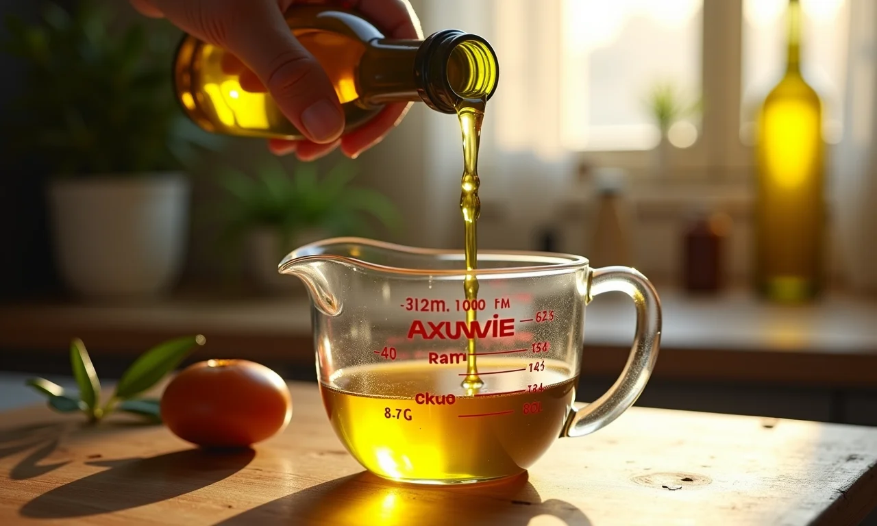 Azeite extra virgem sendo derramado em um copo medidor de vidro.