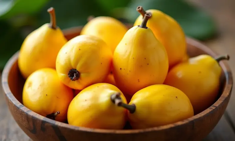 Bacuri, fruta amazônica com polpa cremosa, em tigela de madeira.