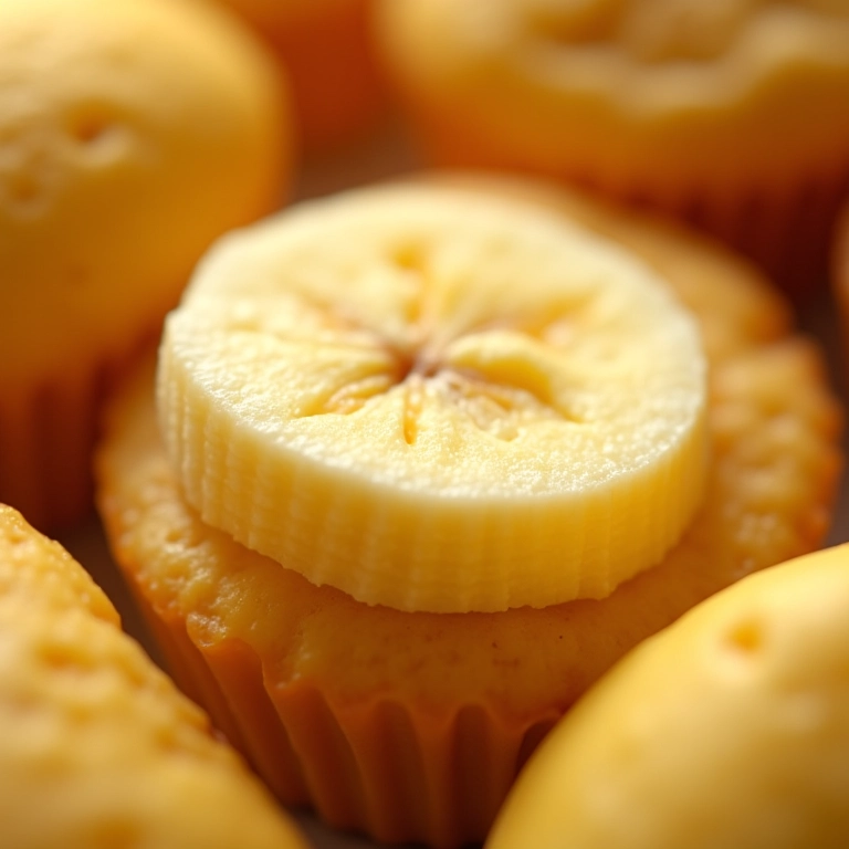 Banana fatiada mostrando sua textura macia, com ingredientes de muffin ao redor.