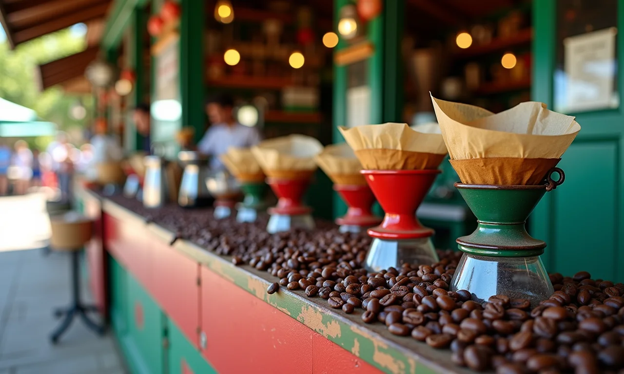 Banca de mercado brasileiro com produtos para fazer café coado.