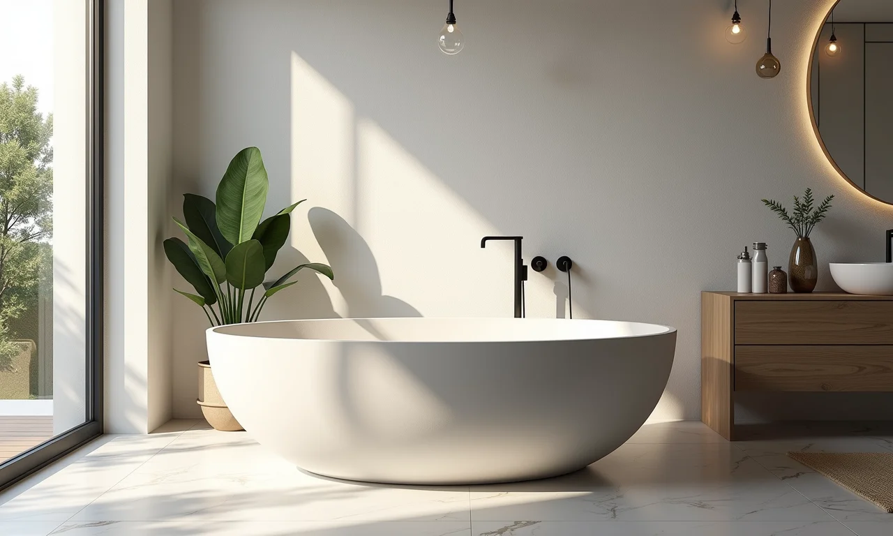 Banheira de alvenaria estilosa em banheiro iluminado, demonstrando sua durabilidade.