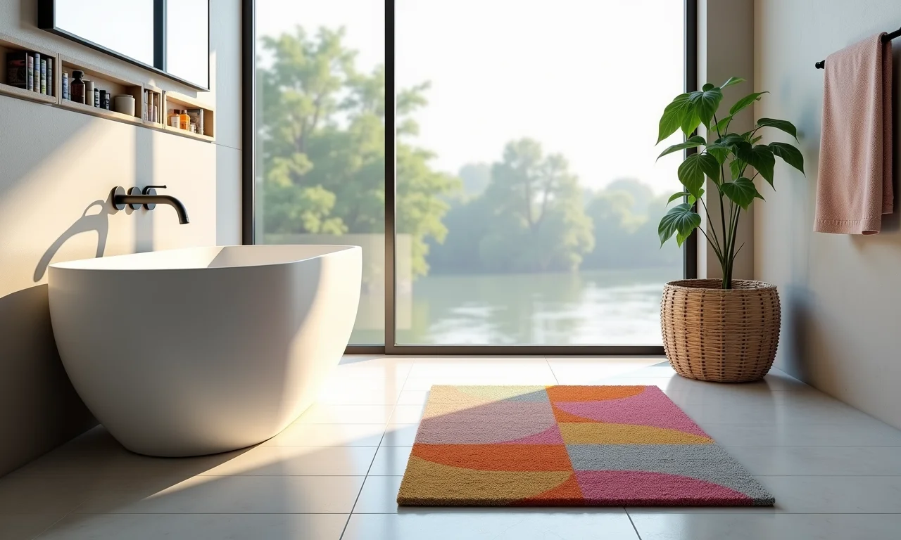 Banheiro moderno com tapete de tecido colorido e boa ventilação.