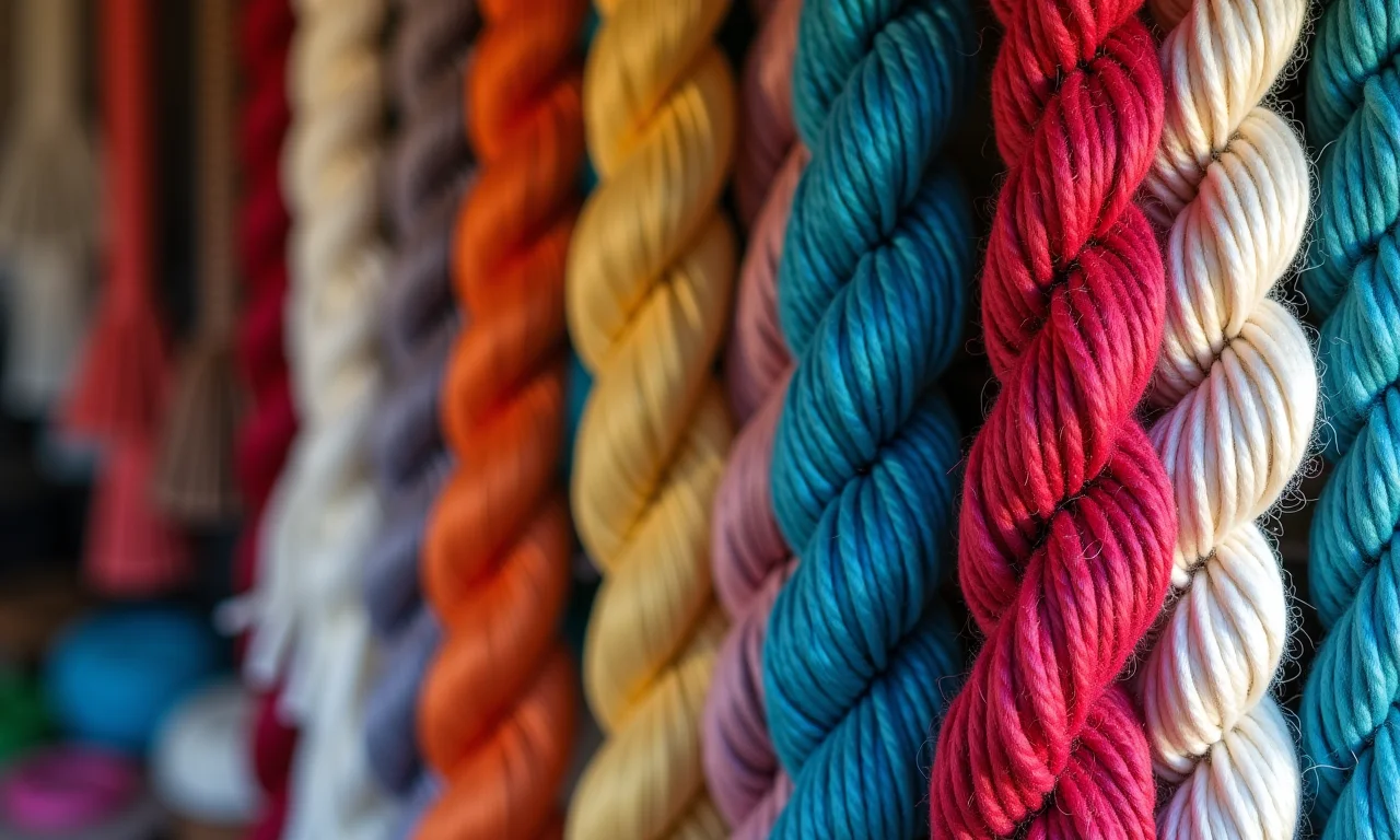 Barbantes e fios de macramê em loja de artesanato.