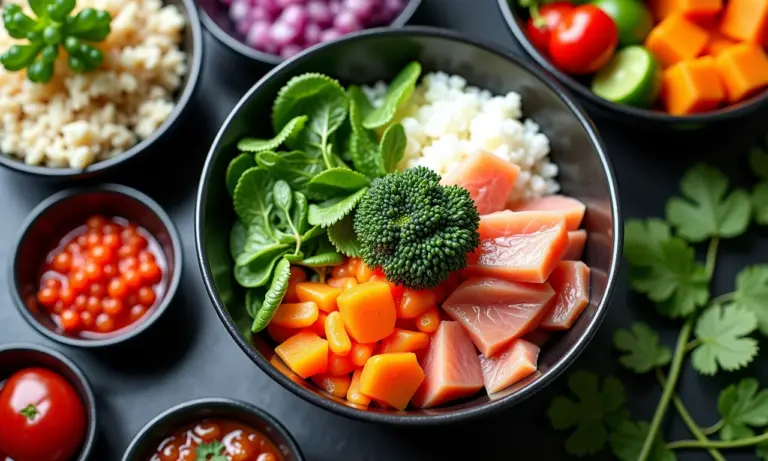 Barra de poke com ingredientes frescos e coloridos.