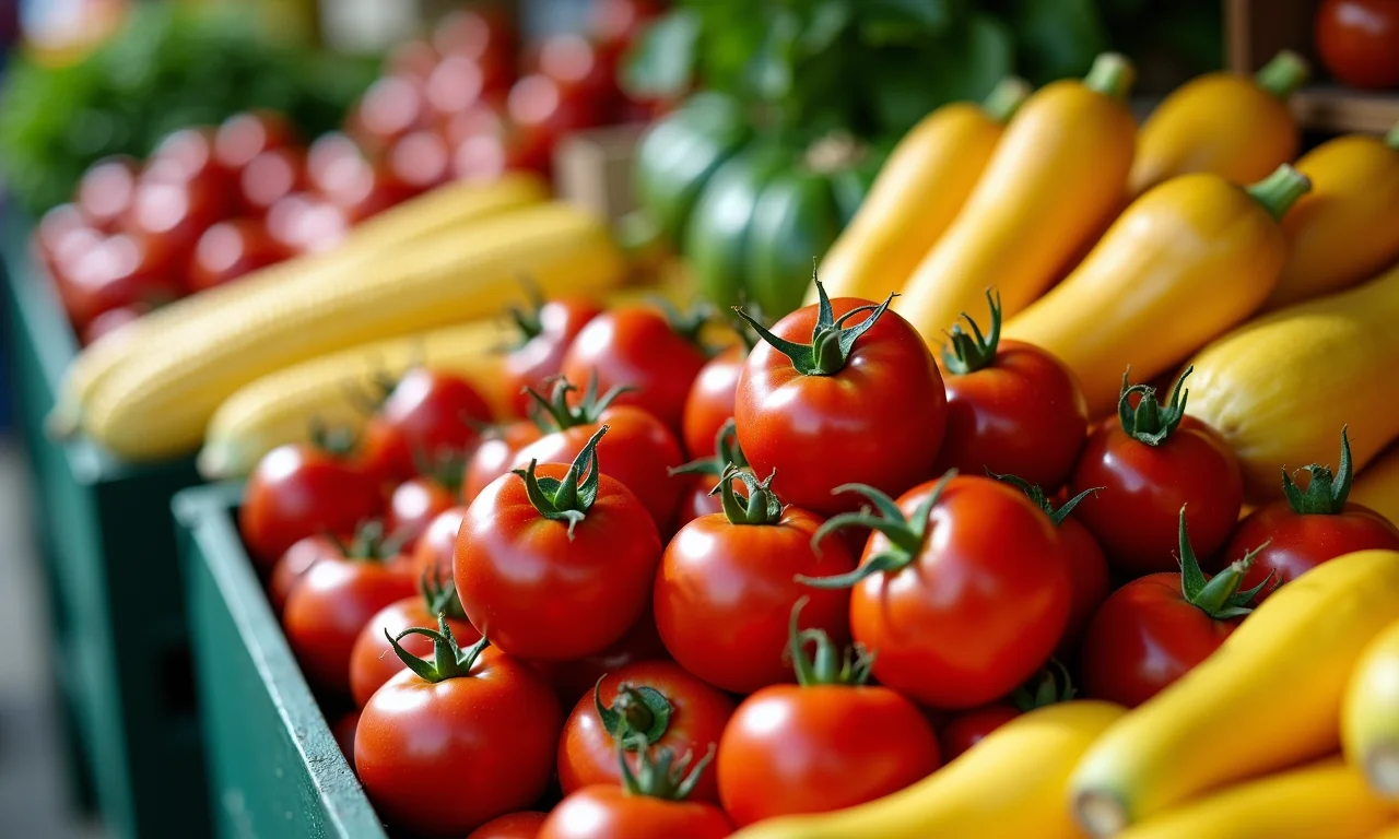 Barraca de mercado com vegetais frescos e coloridos da estação.