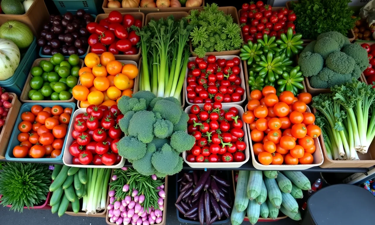 Barraca de mercado vibrante com vegetais frescos e coloridos.