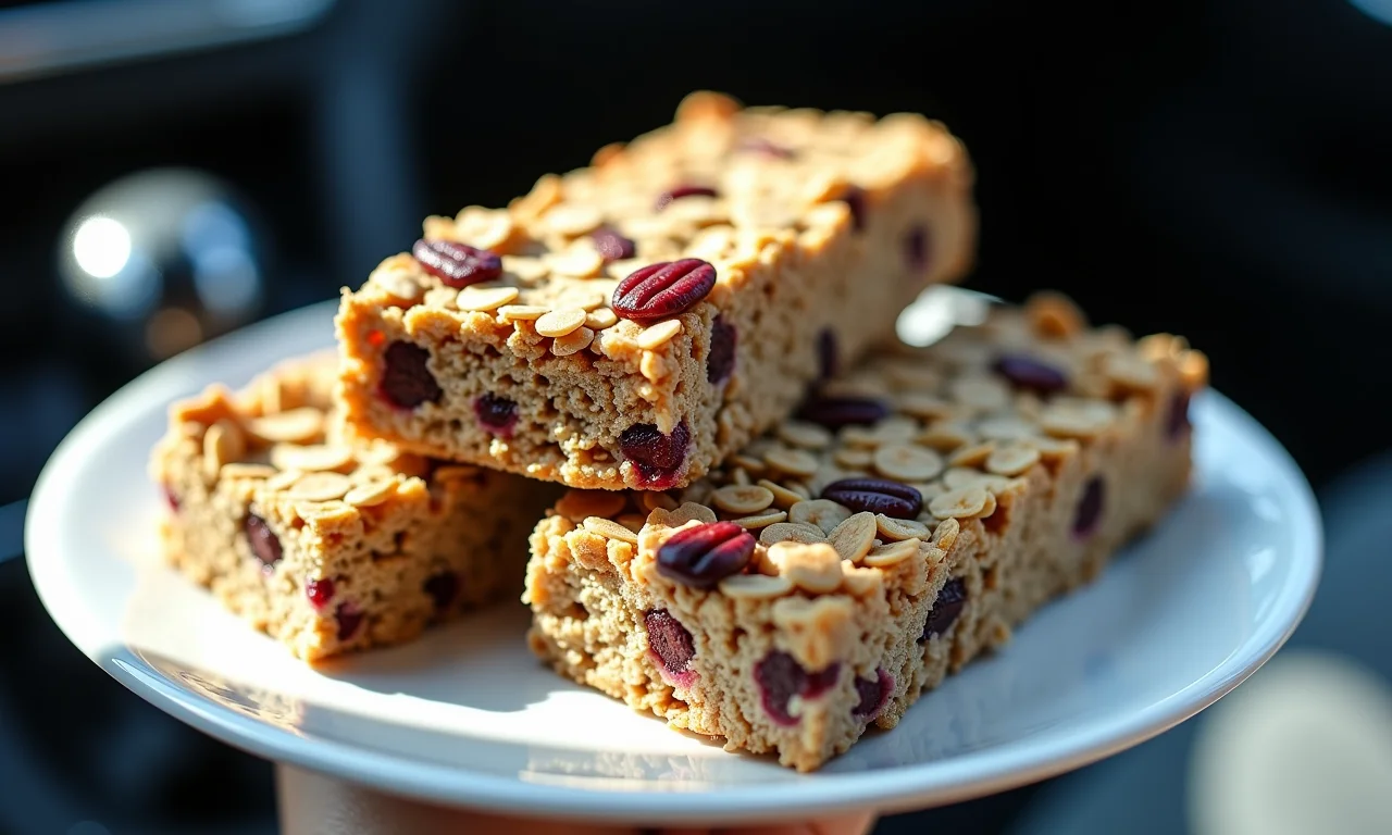 Barrinhas de cereais caseiras com aveia, castanhas e frutas secas em prato dentro do carro.