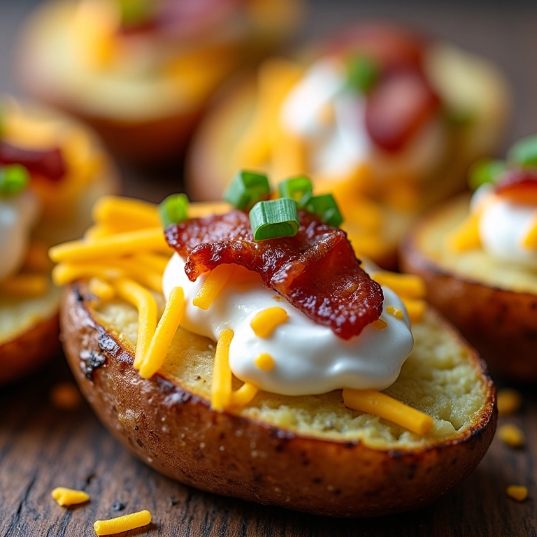 Batata assada na churrasqueira com acompanhamentos variados.