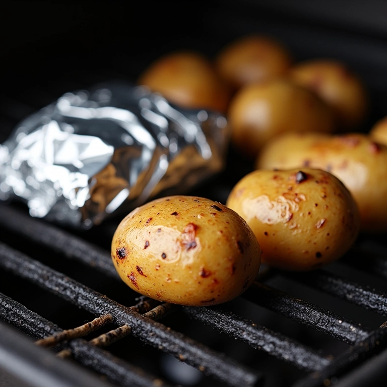 Batatas embrulhadas e desembrulhadas em papel alumínio na churrasqueira.