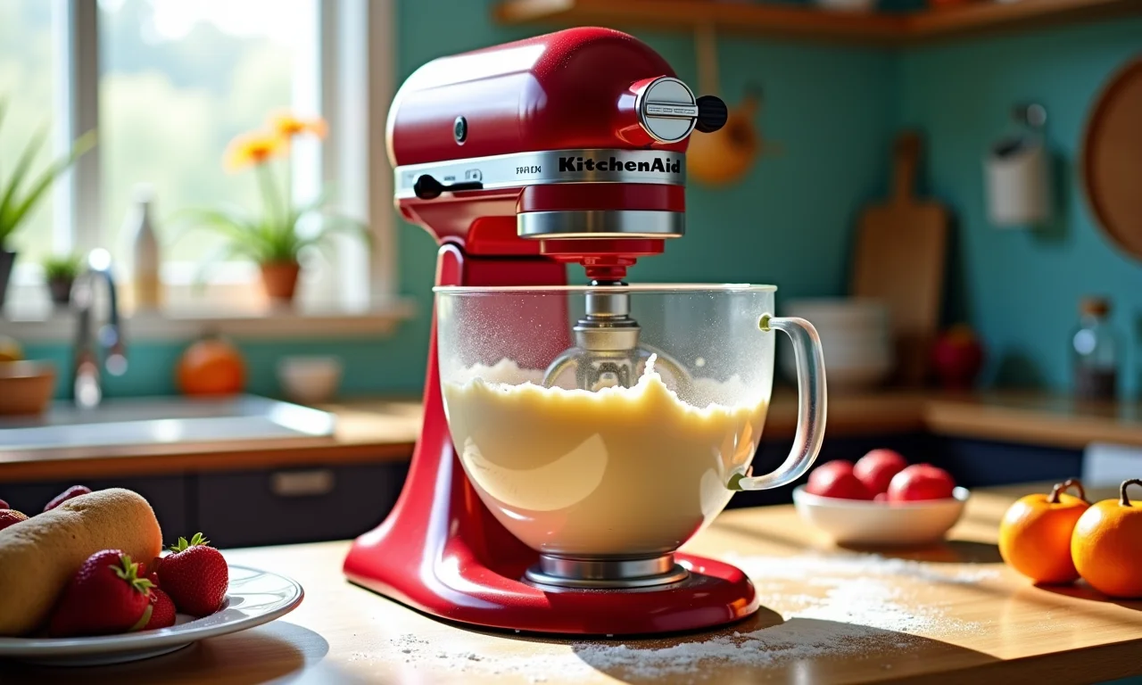 Batedeira KitchenAid preparando a massa dos sequilhos com eficiência.