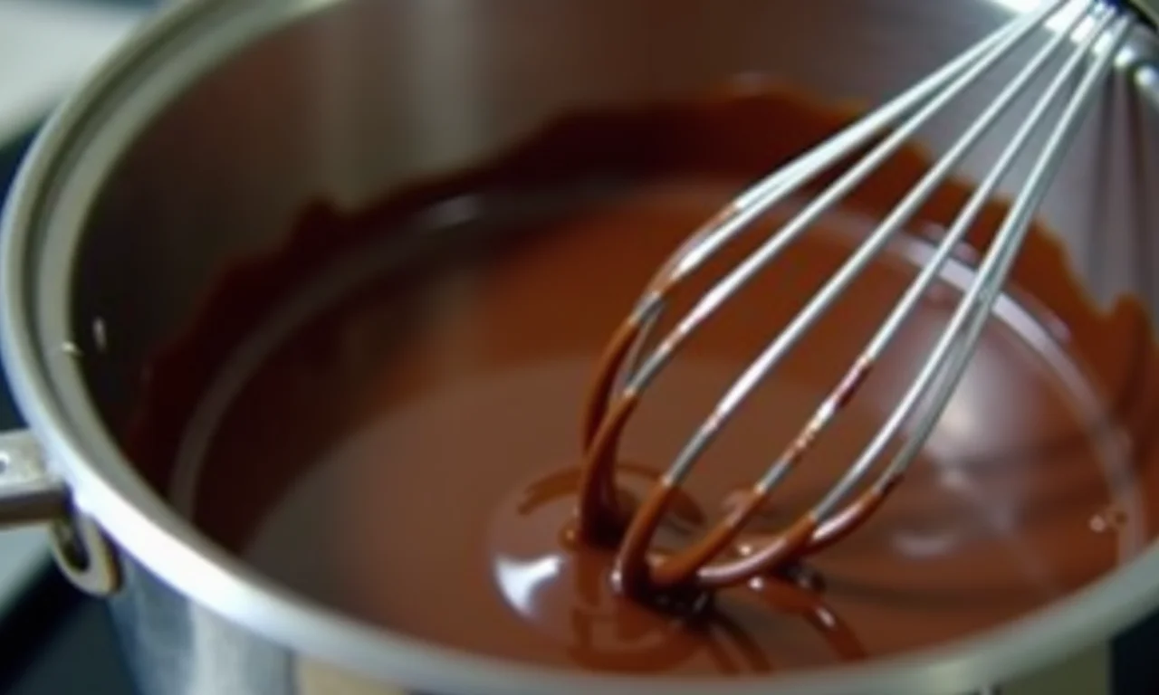 Batedor raspando o fundo da panela durante o preparo do chocolate quente.