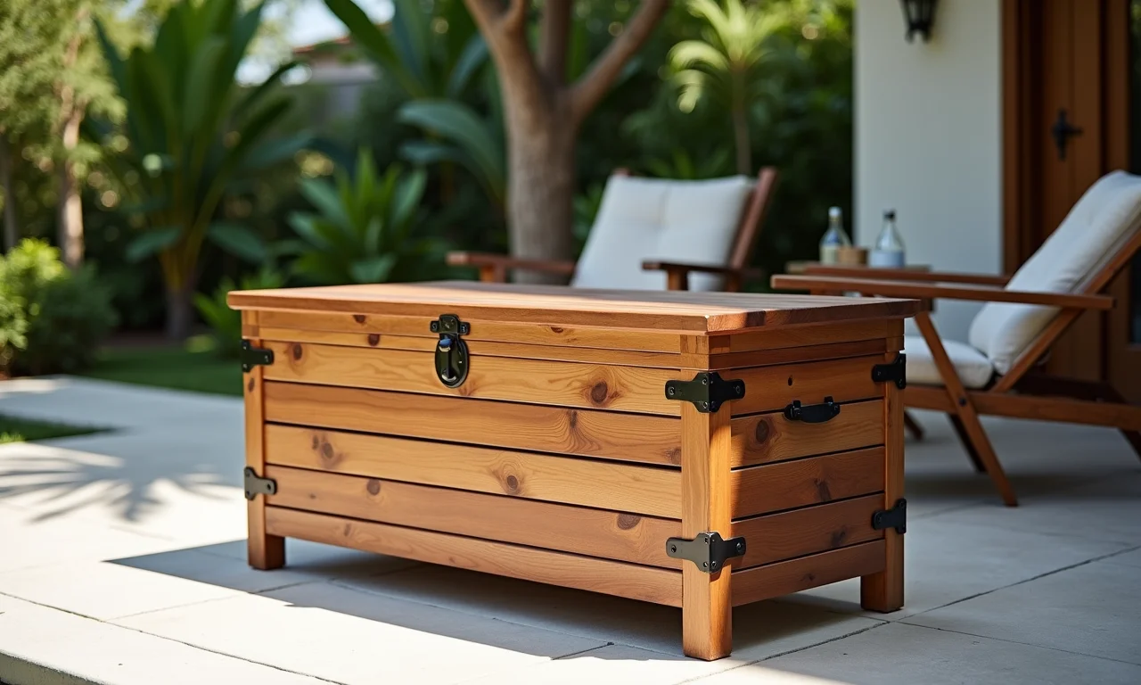 Baú de madeira reciclada em área externa.