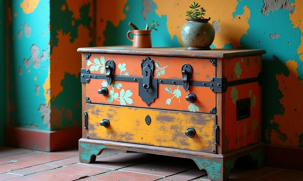 Baú de madeira reciclada personalizado com pintura e detalhes únicos.