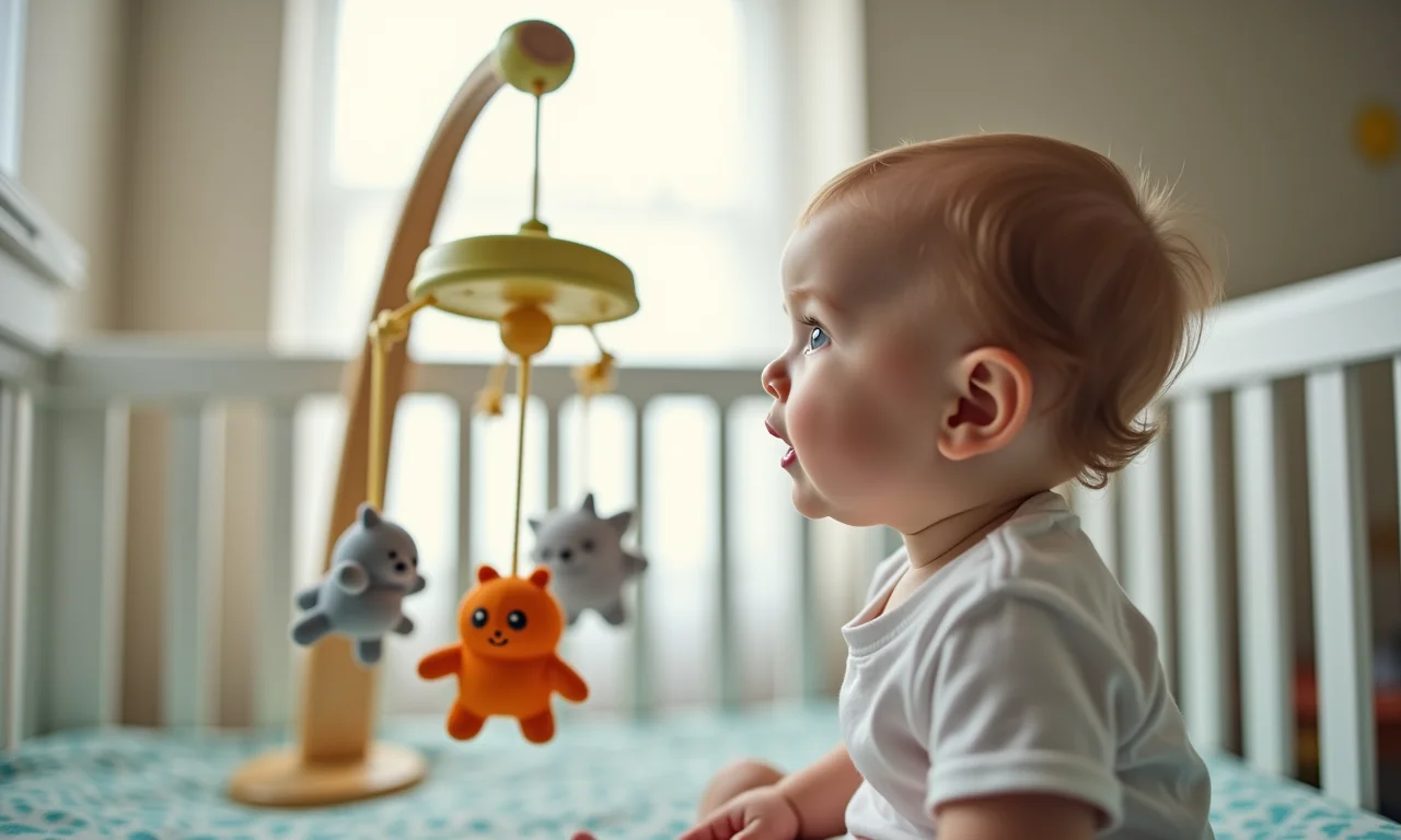 Bebê olhando para o mobile de berço.