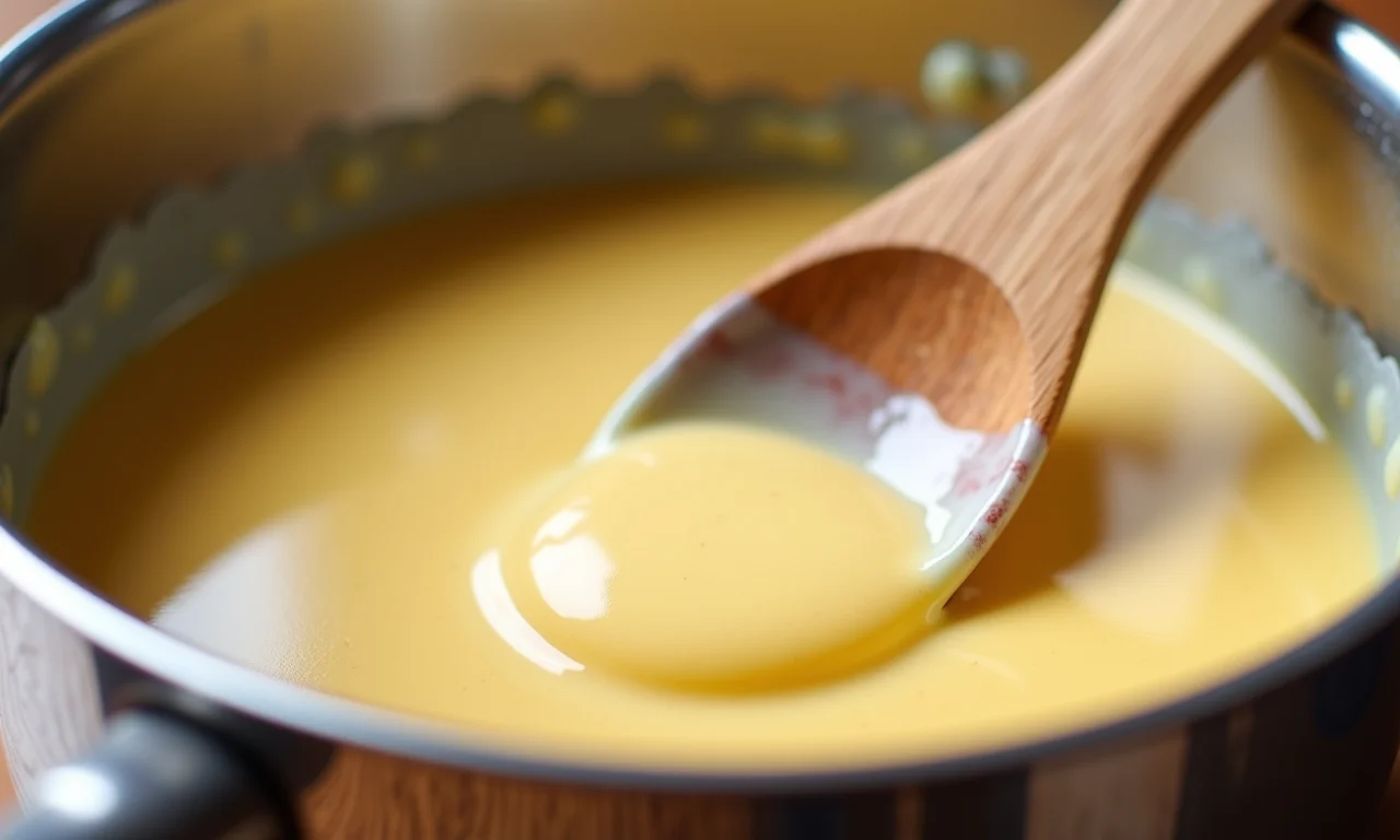 Beijinho cremoso sendo mexido com colher de pau.