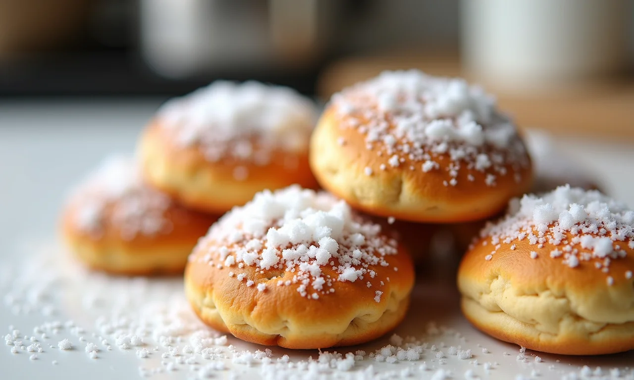 Beijinhos açucarados com cristais de açúcar na superfície.