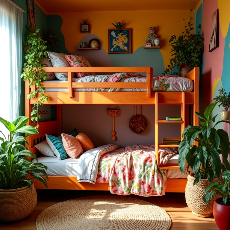 Beliche colorido em quarto decorado com estilo brasileiro vibrante.