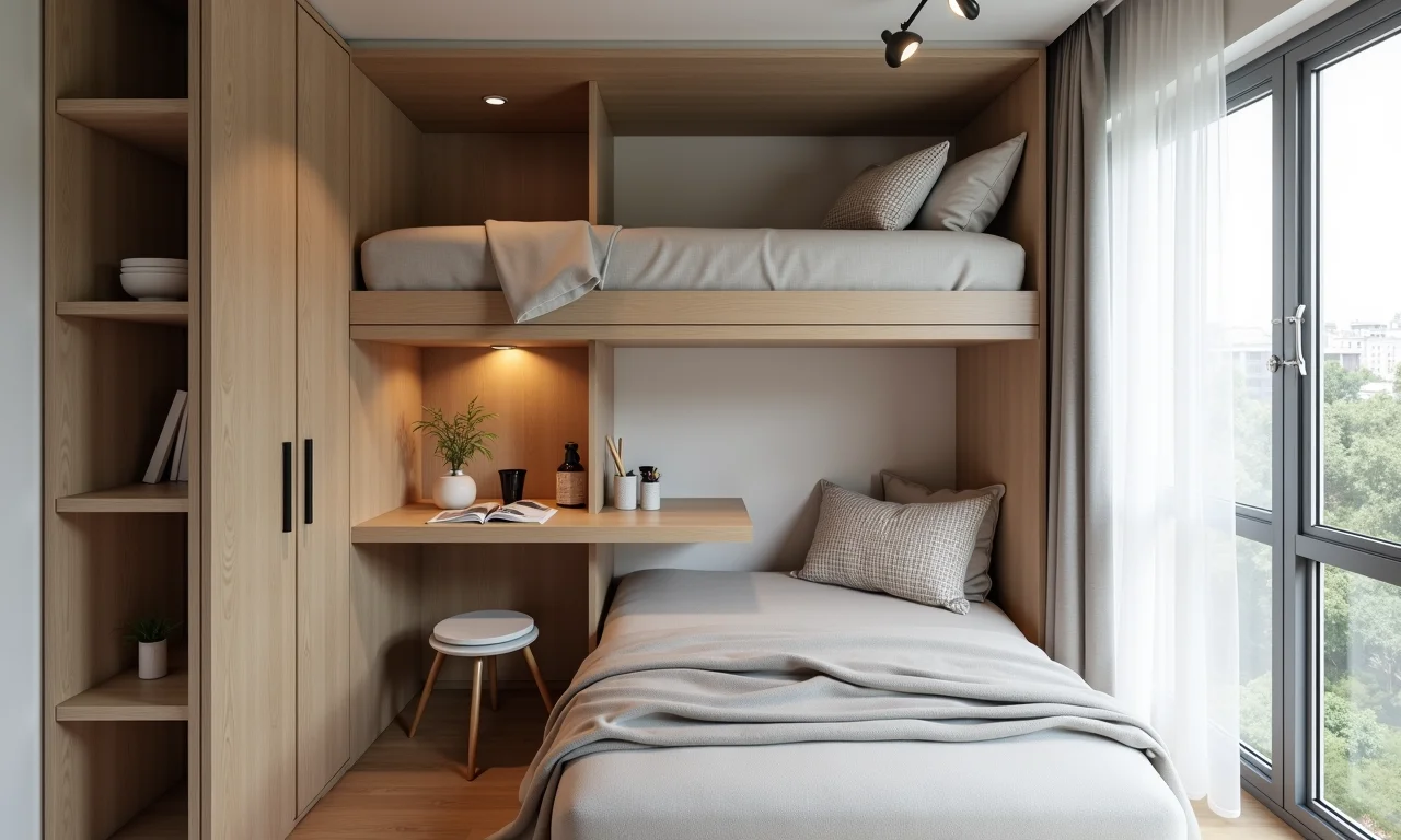 Beliche com escrivaninha otimizando espaço em apartamento.