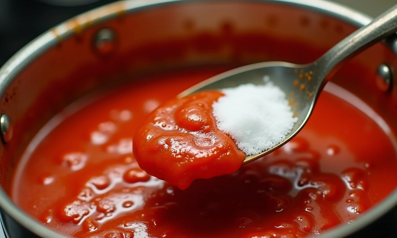 Bicarbonato sendo adicionado ao molho de tomate.