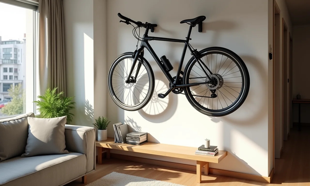 Bicicleta suspensa na parede, otimizando espaço em apartamento urbano.